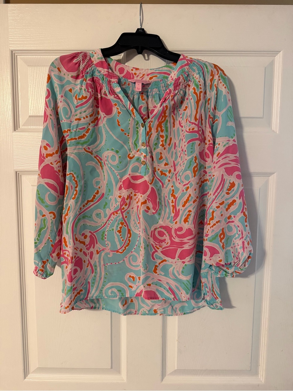 Lilly Pulitzer Aqua, Pink & Orange Printed Peasant Blouse
